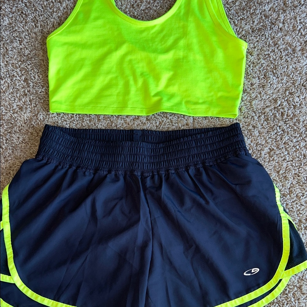 Neon Yellow AE Studio Crop Top and C9 Black Athletic Shorts Set size small